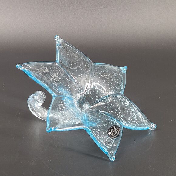 Murano Style Art Glass Six Petal Flower Vase Decor Blue - Picture 1 of 4